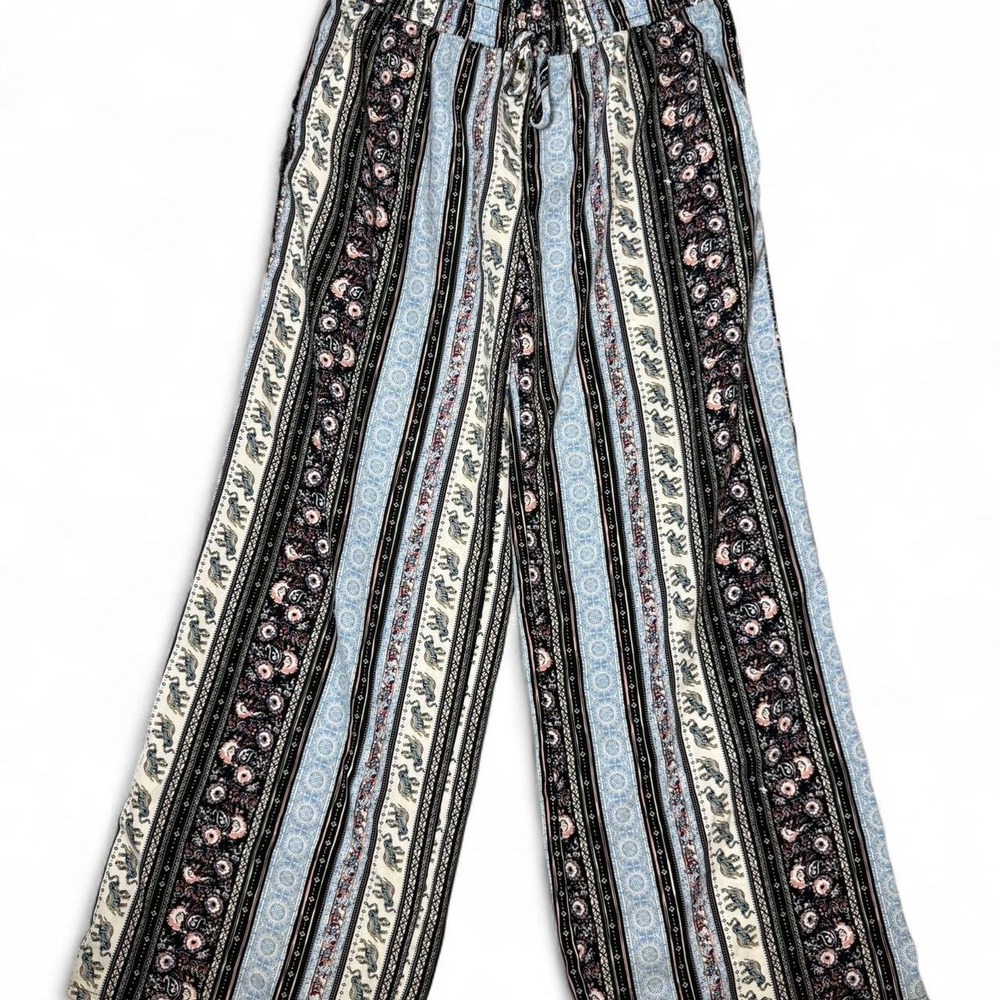 Boho blue and pink floral paisley elephant bohemian wide leg drawstring pants